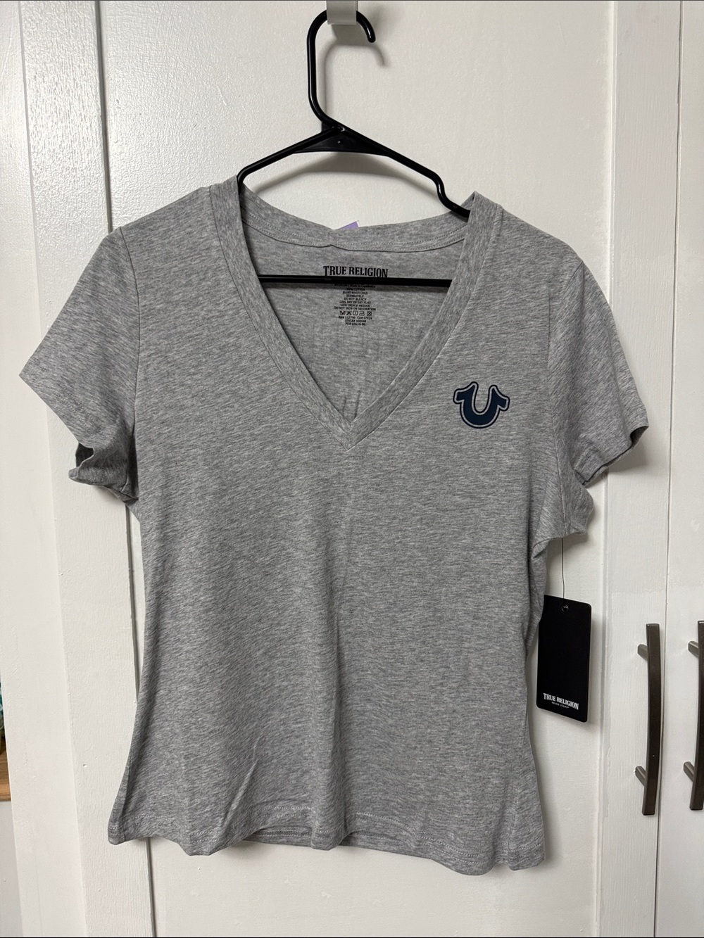 True Religion Heather Grey V-Neck Short Sleeve Logo Tee
